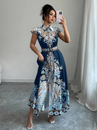Rafferiza فستان نسائي جديد بياقة مطوية وأكمام قصيرة، مطبوع تطبيق مطبوع بطراز قديم، خصر ضيق