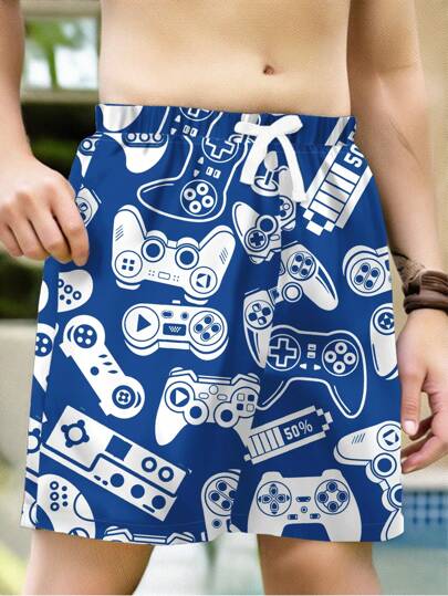 مايوه أولادي أوراق ألعاب، بنطلون صيفي فضفاض منقوش بشكل عشوائي للفتيان المراهقين، مناسب للصيف، الشاطئ، الخارج والسباحة