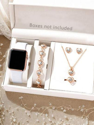 6 قطع / مجموعة ساعة إلكترونية رقمية مربعة شاشة LED للبنات ذات طابع إيقوني أنيق رومانسي، مناسبة للبنات لارتداءها، مزودة بمجموعة مجوهرات تتكون من سوار وقلادة وخاتم وأقراط، مناسبة للطالبات والاستخدام اليومي كالمدرسة والحفلات والسفر، رائعة كهدية للأصدقاء وأعي