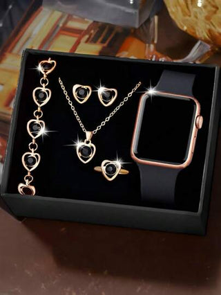 6 قطع / مجموعة ساعة إلكترونية رقمية مربعة شاشة LED للبنات ذات طابع إيقوني أنيق رومانسي، مناسبة للبنات لارتداءها، مزودة بمجموعة مجوهرات تتكون من سوار وقلادة وخاتم وأقراط، مناسبة للطالبات والاستخدام اليومي كالمدرسة والحفلات والسفر، رائعة كهدية للأصدقاء وأعي