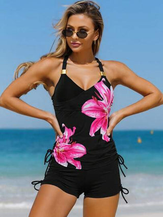 طقم تانكيني حريمي Swim Lushoire طقم بيكيني 2 قطعة للنساء لموسم الصيف والعطلات، ملابس علوية علوي عنق حلقة مع رسم أوراق نباتات وسروال سفلي أسود بخصر عالي وخيط سحب