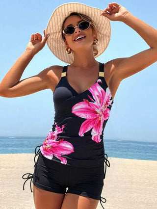 طقم تانكيني حريمي Swim Lushoire طقم بيكيني 2 قطعة للنساء لموسم الصيف والعطلات، ملابس علوية علوي عنق حلقة مع رسم أوراق نباتات وسروال سفلي أسود بخصر عالي وخيط سحب