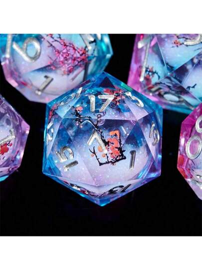 7 قطع مجموعة نرد مزخرفة بقطرات الغليسرين والقطط الصغيرة، نرد متعدد الجوانب من الراتنج بحواف حادة، اكسسوارات يدوية لألعاب أدوار التفاعلية، مناسبة لأعياد الميلاد والأعياد والأعياد والحفلات والعيد والربيع