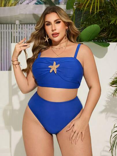SHEIN Swim Curve حمالة بكيني ذهبية حجم كبير + أسفل عالي الخصر