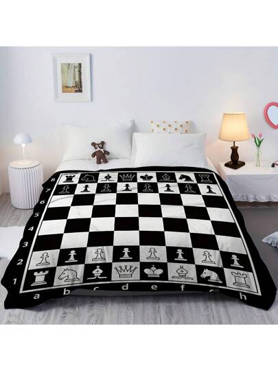 بطانية برينت شطرنج من الفلانيل قطعة واحدة - ناعمة, دافئة, متعددة الاستخدامات مع تصميم قطع الشطرنج، مثالية للمكتب, التخييم في الهواء الطلق, السفر - قابلة للغسل آليًا, هدية مناسبة لجميع المواسم، باللون الأسود والأبيض