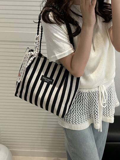 حقيبة تسوق فنية عتيقة كورية الطراز 1 قطعة ، حقيبة كتف وعرضية من قماش كانفاس مخطط منعش، مناسبة للنساء في السفر والإجازات