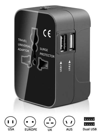 محول سفر عالمي ذو منفذين USB، إدخال 110 - 240 فولت، قابس للاتحاد الأوروبي/الولايات المتحدة/المملكة المتحدة/أستراليا، وحماية من الكهرباء الزائدة، مناسب لأكثر من 150 دولة/منطقة ، ضروري للرحلات والسفر التجاري