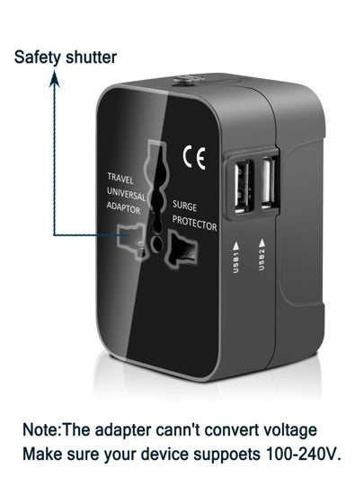 محول سفر عالمي ذو منفذين USB، إدخال 110 - 240 فولت، قابس للاتحاد الأوروبي/الولايات المتحدة/المملكة المتحدة/أستراليا، وحماية من الكهرباء الزائدة، مناسب لأكثر من 150 دولة/منطقة ، ضروري للرحلات والسفر التجاري