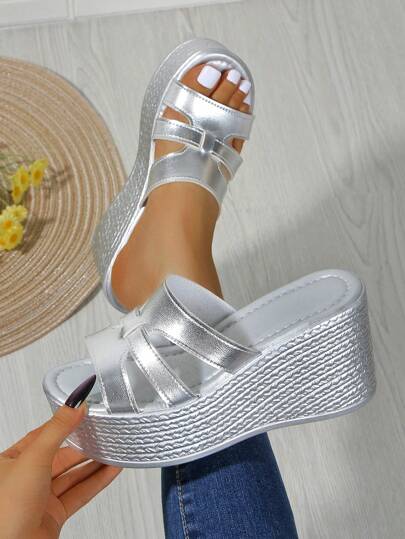 نعال شبشب منصة مريحة بكعب رفيع، صنادل عصرية أنيقة مفتوحة الأصبع للسيدات، لون أحادي جديد لفصل الصيف خفيفة الوزن