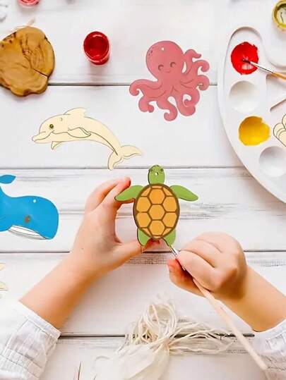 طقم حرفي خشبي، بموضوع الحياة البحرية، DIY للرسم والديكور للأطفال، لوازم فنية إبداعية، طقم حرف خشبي للأطفال، بألوان موسمية، أصفر فاتح، بدون حشو