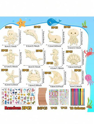 طقم حرفي خشبي، بموضوع الحياة البحرية، DIY للرسم والديكور للأطفال، لوازم فنية إبداعية، طقم حرف خشبي للأطفال، بألوان موسمية، أصفر فاتح، بدون حشو