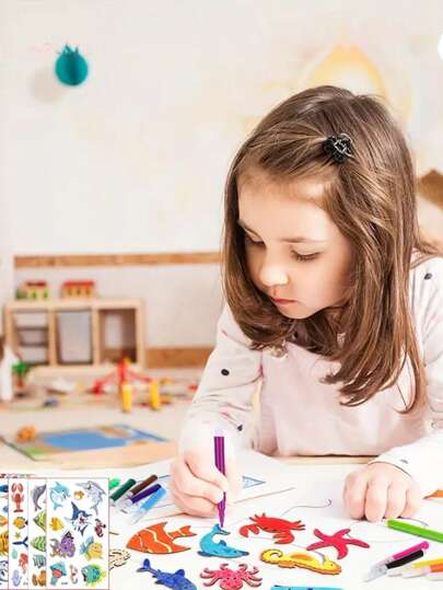 طقم حرفي خشبي، بموضوع الحياة البحرية، DIY للرسم والديكور للأطفال، لوازم فنية إبداعية، طقم حرف خشبي للأطفال، بألوان موسمية، أصفر فاتح، بدون حشو