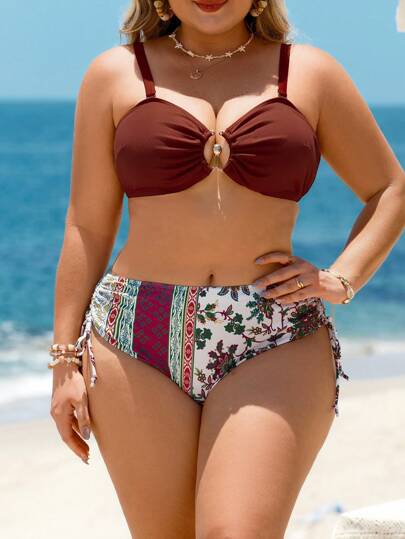 Swim Lushoire طقم ملابس سباحة للسيدات بحجم كبير من قطعتين ، ملابس علوية بتصميم شبه دائري مزينة بمشبك وسروال سباحة بطباعة غير منتظمة ، بأسلوب بسيط