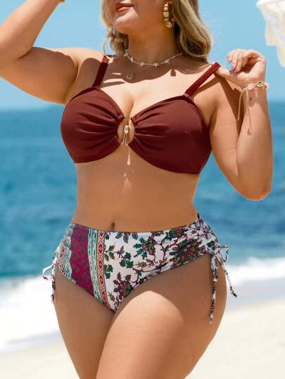 Swim Lushoire طقم ملابس سباحة للسيدات بحجم كبير من قطعتين ، ملابس علوية بتصميم شبه دائري مزينة بمشبك وسروال سباحة بطباعة غير منتظمة ، بأسلوب بسيط