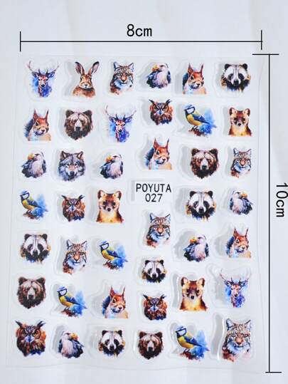 ورقة واحدة من ملصقات فن الأظافر ذات الحيوانات الكرتونية، زينة أظافر لاصقة بلاستيكية، سناجب، نمور، طيور، غزلان، دببة، قطط، زهور، ذات سطح لامع غير متماثل الشكل، لمسة عصرية، لوازم صالون الأظافر DIY للسيدات