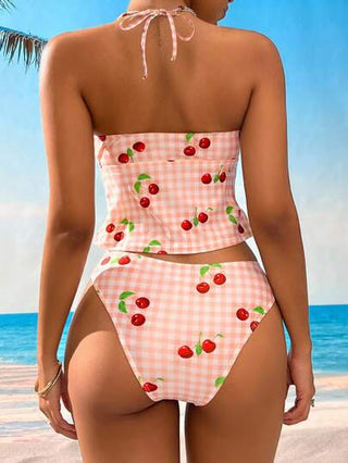 طقم تانكيني حريمي Swim Mod قميص حمام بأربطة مع طباعة مربعات كرزة حلوة على قماش عطلة الصيف