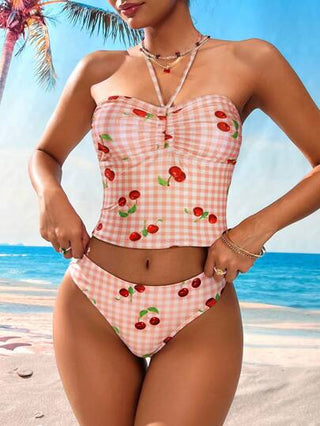 طقم تانكيني حريمي Swim Mod قميص حمام بأربطة مع طباعة مربعات كرزة حلوة على قماش عطلة الصيف