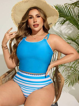Swim Lushoire مجموعة 2 قطعة للمرأة كبيرة الحجم، بدلة سباحة تانكيني مزينة بخطوط وحيد الحزام لإخفاء البطن، والبحر وملابس الشاطئ