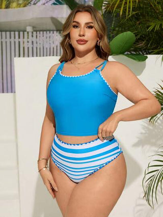 Swim Lushoire مجموعة 2 قطعة للمرأة كبيرة الحجم، بدلة سباحة تانكيني مزينة بخطوط وحيد الحزام لإخفاء البطن، والبحر وملابس الشاطئ