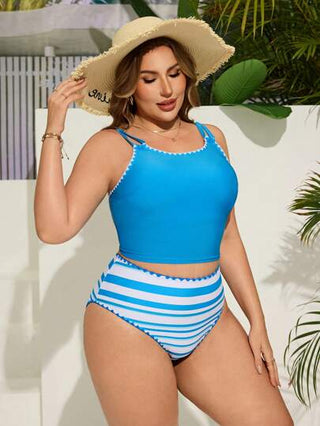 Swim Lushoire مجموعة 2 قطعة للمرأة كبيرة الحجم، بدلة سباحة تانكيني مزينة بخطوط وحيد الحزام لإخفاء البطن، والبحر وملابس الشاطئ