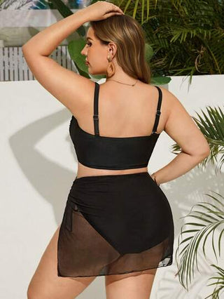 SHEIN Swim Curve مجموعة بدلة السباحة المكونة من ملابس علوية تانكيني مع نقشة على الصدر، سروال رياضي بخيط جانبي، وتنورة ملفوفة، ملائمة لقياسات كبيرة، للاستخدام في الشاطئ والحفلات