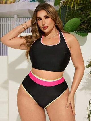 Swim Lushoire مايوه لسيدات البدناء من قطعتين - ملابس علوية بدون أكمام بتصميم الصدرية بطبعات زهور ملونة ، وأسفل بيكيني بلون مختلف ، للارتداء في الشاطئ والحفلات بشكل عادي