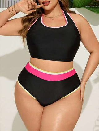 Swim Lushoire مايوه لسيدات البدناء من قطعتين - ملابس علوية بدون أكمام بتصميم الصدرية بطبعات زهور ملونة ، وأسفل بيكيني بلون مختلف ، للارتداء في الشاطئ والحفلات بشكل عادي