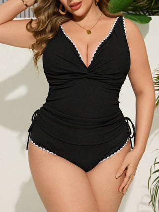 Swim Lushoire طقم بنطلون وأعلى من مايوه سيدات عصري مقاسات كبيرة، عباره عن ملابس علوية تانكيني مزين بتصميم زهري مع خصر متقاطع ورباط مع حواف منتظمة، مصمم انيق لحفلات الشاطئ