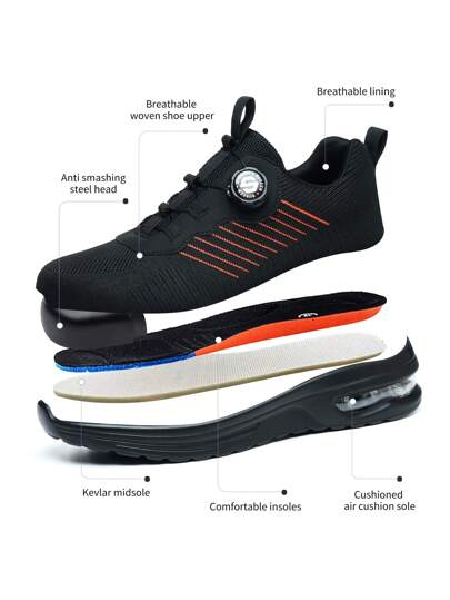 بوت أمان للرجال، بوت سلامة عمل جديدة مزودة بأزرار دوارة سهلة الارتداء ، بوت عمل رياضية تنفس للرجال ، مقاوم للسحق وللثقب ، ناعم ، تنفسي و مريح ، باللون الأسود ، مناسب للرحلات والعمل الإنشائي