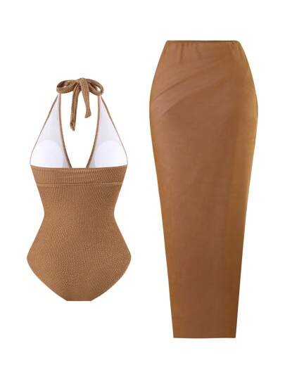 SHEIN Swim Curve قطعة واحدة بدلة السباحة النسائية بحجم كبير ذات تصميم بسيط، مناسبة للاستخدام اليومي في الصيف