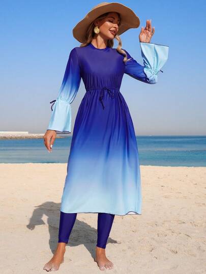 Swim Mulvari مجموعة من قطعتين تتكون من فستان كاجوال بأكمام طويلة وسروال، مطبوع بطباعة الأومبير ، ملابس شاطئية بوهيمية للنساء تناسب الموسم الربيعي والصيفي