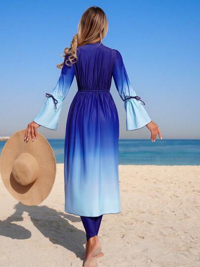 Swim Mulvari مجموعة من قطعتين تتكون من فستان كاجوال بأكمام طويلة وسروال، مطبوع بطباعة الأومبير ، ملابس شاطئية بوهيمية للنساء تناسب الموسم الربيعي والصيفي