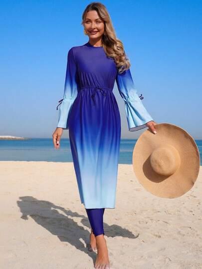 Swim Mulvari مجموعة من قطعتين تتكون من فستان كاجوال بأكمام طويلة وسروال، مطبوع بطباعة الأومبير ، ملابس شاطئية بوهيمية للنساء تناسب الموسم الربيعي والصيفي