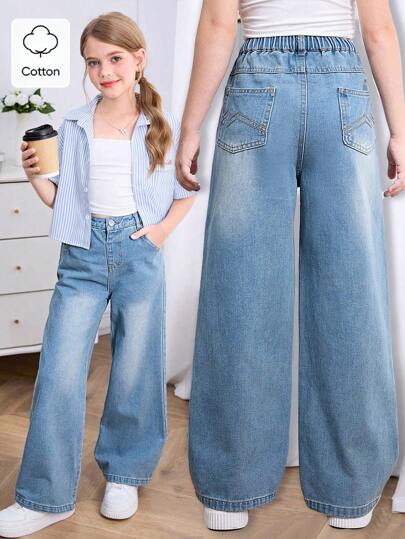 تيشيرتات بناتي جينز بناتي غسول بساق واسعة مريحة مع تصميم جيب خلفي مطرز، مناسب للارتداء اليومي، بسيط وعصري