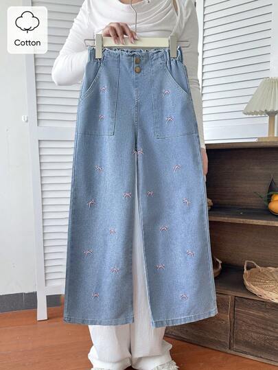 بناطيل جينز كاجوال بتفصيل مريح مع قصات غسيل فاتحة للبنات في طراز Y2K ، مزينة برسمة فراشة مطرزة، متعددة الاستخدامات وعصرية للارتداء اليومي