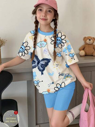 girls-sets مجموعة بلوزة كم قصير وشورت عادية بسيطة للفتيات بين 9-12 سنة، مناسبة للصيف، 2 قطعة/المجموعة
