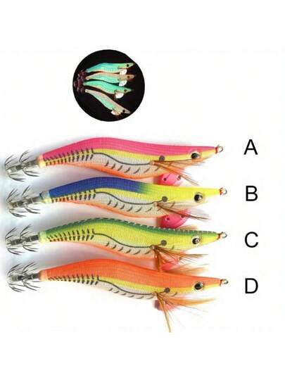 قطعة واحدة من أدوات صيد الجمبري الفتاكة المضيئة بطول 14سم / وزن 20جرام، مصاصات جمبري مغطاة بخشب يوجد بها إبرة جق حبر مائي، أدوات صيد