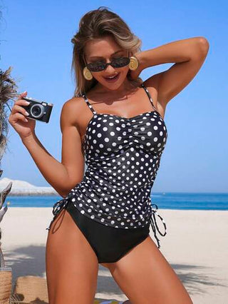 طقم تانكيني حريمي Swim Lushoire مجموعة من الحمالة والأعلى للبيكيني بلمسات من اللون الصلب والنقط للمرأة الناضجة، 2 قطعة