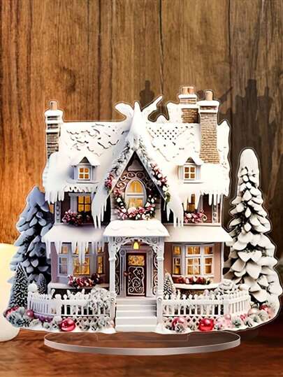 1 قطعة ديكور كوخ عيد الميلاد بطراز بوهيمي مصنوع من البلاستيك الشفاف، مشهد ثنائي الأبعاد بطبقة من الثلج مع حامل، مناسب للمكتب والغرفة والحديقة والغرفة التعيمية والحمام وغرفة المعيشة - مقاوم للماء والخدش والمواد الكيميائية