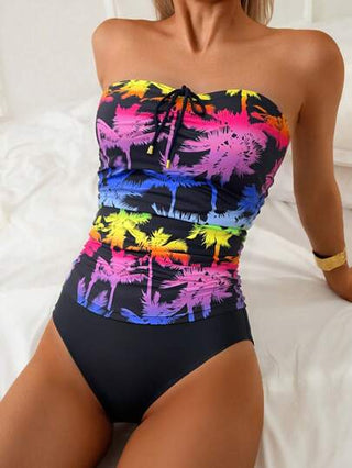 طقم تانكيني حريمي Swim Lushoire مجموعة بكيني بقطعتين 2025 جديد عطلة الربيع للنساء على الشاطئ، ملابس علوية أنبوبية قابلة للتعديل مع طبعة عشوائية لشجرة جوز الهند، وشورت سباحة لون أحادي