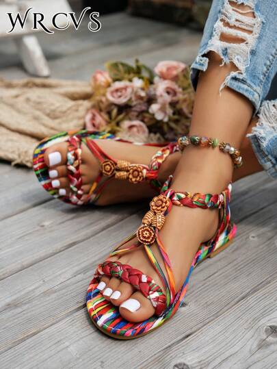 WRCVS صنادل نسائية مسطحة ملونة ، صنادل صيفية خفيفة مبطنة مطرزة بالخرز ذات طراز بوهيمي رجعي، مناسبة للعطلات والأنشطة الخارجية