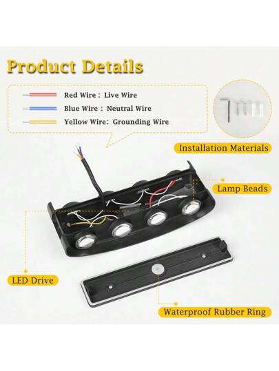 مصباح حائطي ديكوري LED للاستخدام الداخلي، مصباح حائطي مقاوم للرطوبة لإضاءة غرفة النوم، ضوء أصفر لطيف 3000 كيلفن آمن للعين، تركيبة إضاءة LED، جهد تطبيقي 85 - 265 فولت، ديكور إضاءة المنزل، مناسب للشرفة/السلم/داخل المنزل/الحديقة/غرفة...