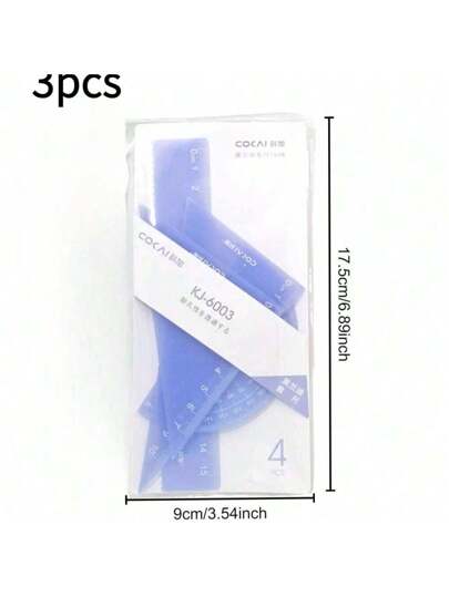 أدوات مكتبية ومدرسية 3 طقم طالب مكون من 4 قطع مدرجة بالألوان الهلامية البلاستيكية بتصميم بسيط ، مسطرة ومثلث حاكم (أخضر/برتقالي/أزرق)