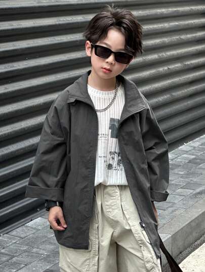 DAZY معطف كاجوال طويل الأكمام مناسب للأولاد عادي السحاب واسع التركيب