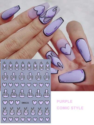 2 عبوة ملصقات أظافر بتصميم كوميدي على طراز Y2K بشكل قلب ولهب ثلاثي الأبعاد، ملصقات لاصقة باللون الوردي والبنفسجي لتزيين الأظافر بتصاميم يابانية وكورية، لوازم مناكير