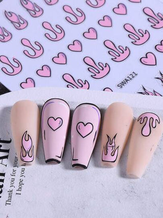 2 عبوة ملصقات أظافر بتصميم كوميدي على طراز Y2K بشكل قلب ولهب ثلاثي الأبعاد، ملصقات لاصقة باللون الوردي والبنفسجي لتزيين الأظافر بتصاميم يابانية وكورية، لوازم مناكير