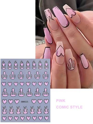 2 عبوة ملصقات أظافر بتصميم كوميدي على طراز Y2K بشكل قلب ولهب ثلاثي الأبعاد، ملصقات لاصقة باللون الوردي والبنفسجي لتزيين الأظافر بتصاميم يابانية وكورية، لوازم مناكير