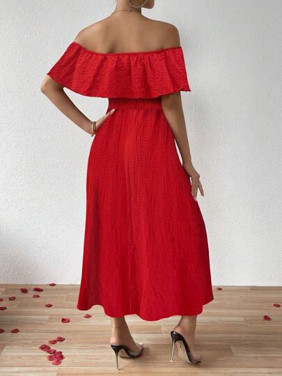 Calvaya فستان طويل للنساء من قماش غير متماثل عاري الكتف مزخرف بكشكشة وذو شق طويل للسنة الجديدة، ملابس النساء ذات المظهر الكامل