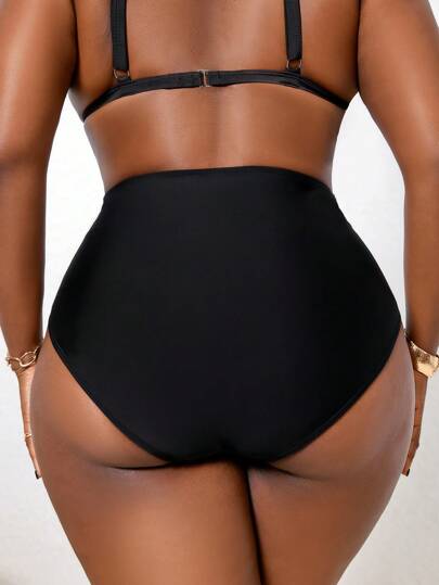 Slaydiva شورت سباحة أسود ذات خصر عالي ومطوي، بيكيني كاجوال للعطلات للمقاسات الكبيرة