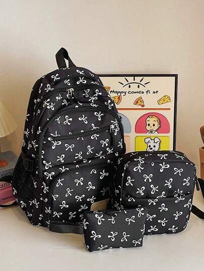 مجموعة حقيبة ظهر طباعة الفيونكة النيلون، حقيبة ظهر قابلة للطي ذات سعة كبيرة ومتعددة الجيوب، مقاومة للماء وذات سحاب مناسبة لطلبة المدارس الثانوية والجامعات والسيدات للاستخدام اليومي والتنقل والسفر، هدايا عيد الحب